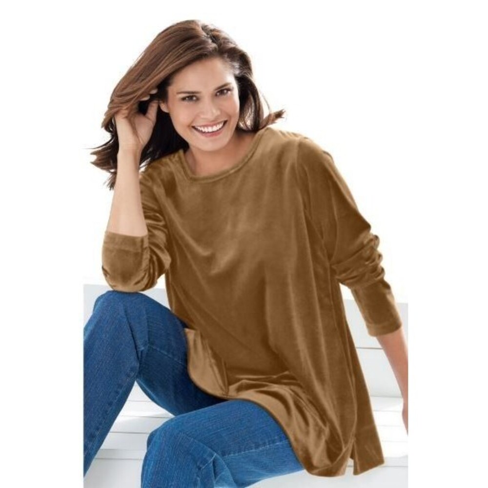 NWT Woman Within Velour Plush‎ Tunic Toffee Brown Comfy Sweatshirt Soft 2X 26/28